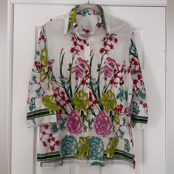 VIPAVADEE STUNNING FLORAL PRINT 100% COTTON BUTTON FRONT SHIRT 3/4 SLEEVES SZ L - Picture 1 of 6